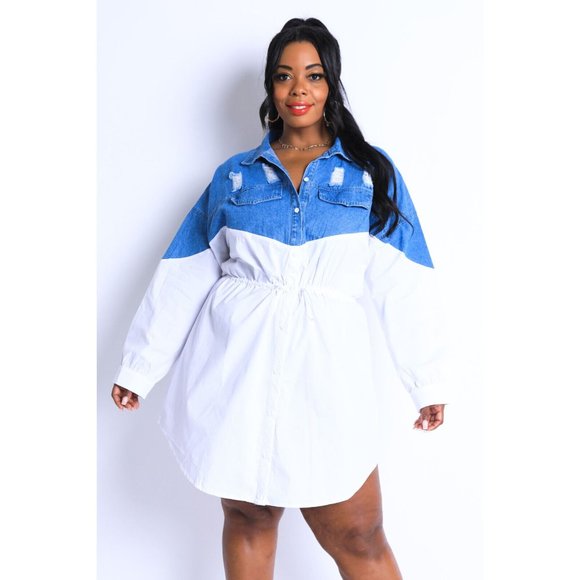 Women's Sexy Denim Block Casual Mini Dress Plus Size White Denim Curvy Outfit - Picture 11 of 12